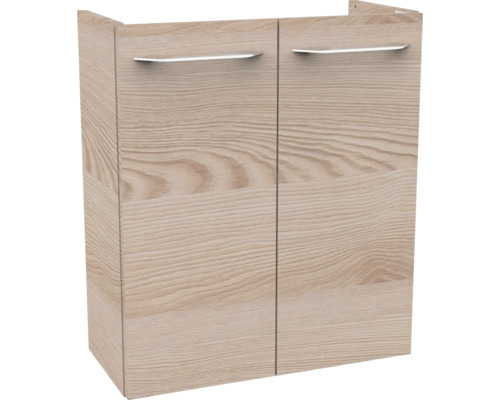 Meuble sous-vasque aspect bois avec deux portes et poignées argentées.