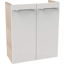 Waschbeckenunterschrank mit zwei Türen, Griffen in Metalloptik und Korpus in Holzoptik.