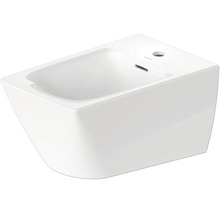Bidet suspendu en céramique blanche avec un trou de robinetterie et un trop-plein.