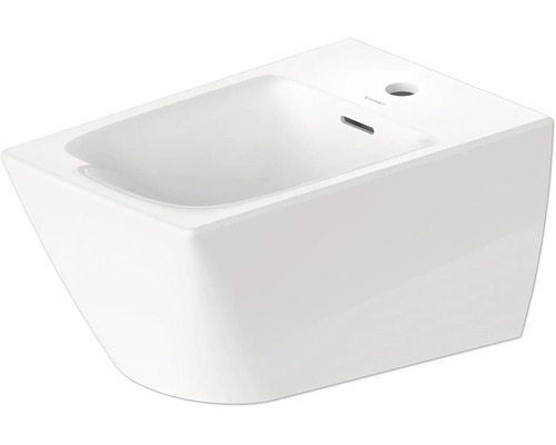 Bidet suspendu en céramique blanche avec un trou de robinetterie et un trop-plein.