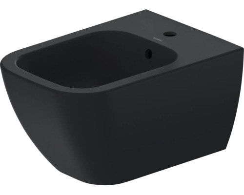 Wand-Bidet aus schwarzer Keramik mit einem Hahnloch und Überlauf von Duravit.
