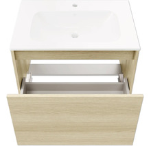 Meuble sous-vasque avec lavabo en aspect chêne avec un tiroir ouvert