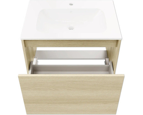 Meuble sous-vasque avec lavabo en aspect chêne avec un tiroir ouvert