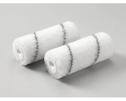 Deux mini-rouleaux à peindre en polyester avec des rayures grises pour travaux de peinture.