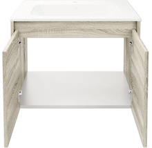 Meuble sous-vasque avec lavabo, corps à l'aspect bois avec deux portes ouvertes et vasque blanche.