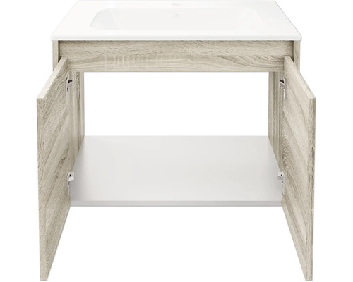 Meuble sous-vasque avec lavabo, corps à l'aspect bois avec deux portes ouvertes et vasque blanche.