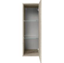 Armoire de salle de bain ouverte aspect bois avec deux étagères en verre.