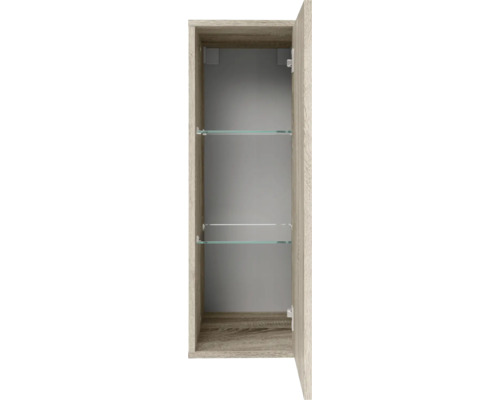 Armoire de salle de bain ouverte aspect bois avec deux étagères en verre.