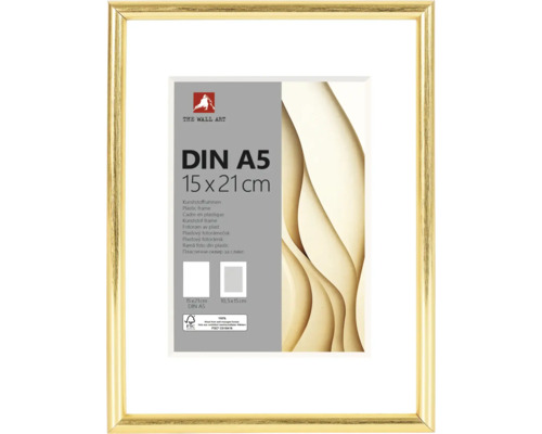 Kunststoffrahmen in Gold mit weißem Passepartout, Format A5, 15 mal 21 Zentimeter.