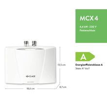 Clage Klein-Durchlauferhitzer MCX 4, 4,4 Kilowatt, 230 Volt, Festanschluss, Energieeffizienzklasse A, 13,5 x 18,6 x 8,7 Zentimeter, Clage Logo.
