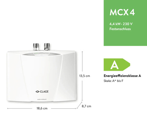 Clage Klein-Durchlauferhitzer MCX 4, 4,4 Kilowatt, 230 Volt, Festanschluss, Energieeffizienzklasse A, 13,5 x 18,6 x 8,7 Zentimeter, Clage Logo.
