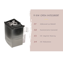 Poêle de sauna 9 kilowatts avec commande intégrée, enveloppe en acier inoxydable, paroi intérieure aluminisée et pierres de diabase.