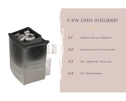 Poêle de sauna 9 kilowatts avec commande intégrée, enveloppe en acier inoxydable, paroi intérieure aluminisée et pierres de diabase.
