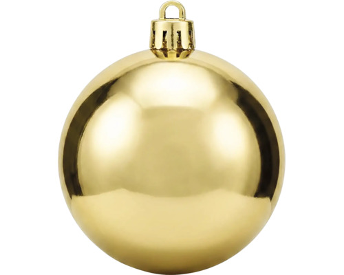Glänzende goldene Weihnachtskugel aus Kunststoff mit Aufhängeöse.