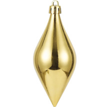 Goldfarbene Weihnachtskugel in Tropfenform mit glänzender Oberfläche.