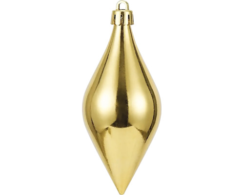 Goldfarbene Weihnachtskugel in Tropfenform mit glänzender Oberfläche.