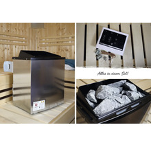 Set de sauna avec un poêle en acier inoxydable, une commande numérique avec accessoires et des pierres de sauna dans un sauna en bois clair.