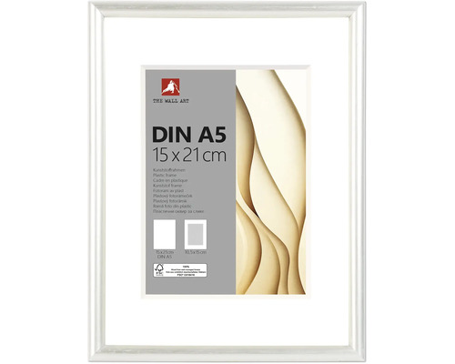 Weißer Kunststoffrahmen DIN A5 15 mal 21 Zentimeter inklusive Passepartout.