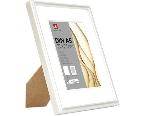 Kunststoff Bilderrahmen Format A5 15 mal 21 Zentimeter mit Passepartout und Aufsteller.