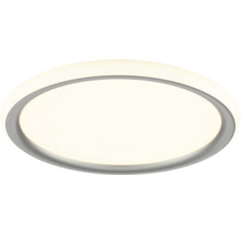 Plafonnier LED rond au design plat avec cadre gris et surface lumineuse blanche.
