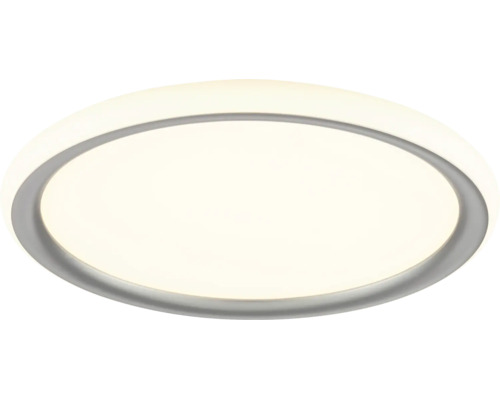 Plafonnier LED rond au design plat avec cadre gris et surface lumineuse blanche.