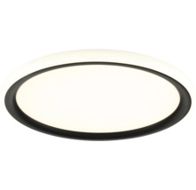 Plafonnier LED rond avec un cadre noir et une surface lumineuse blanche.