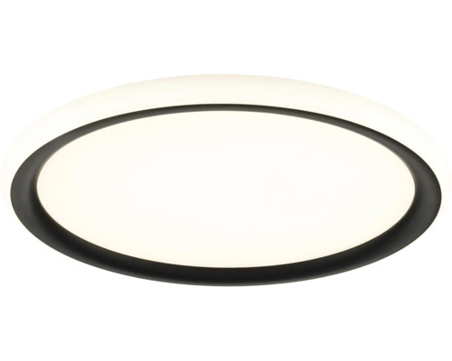 Plafonnier LED rond avec un cadre noir et une surface lumineuse blanche.