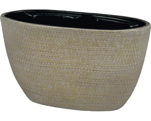 Cache-pot ovale avec surface texturée et intérieur sombre.