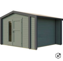 Abri de jardin moderne en bois avec toit à deux pans, double porte et insert en verre. (Image AI modified or generated)