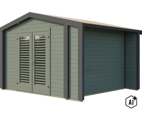 Abri de jardin moderne en bois avec toit à deux pans et double porte avec inserts à persiennes. (Image AI modified or generated)