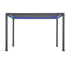 Pergola en aluminium anthracite avec toit à lames et éclairage LED intégré.