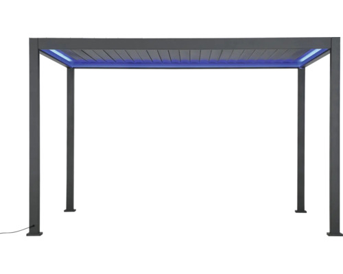Pergola en aluminium anthracite avec toit à lames et éclairage LED intégré.