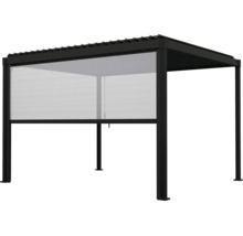 Freistehende anthrazitfarbene Pergola aus Metall mit Lamellendach und grauem seitlichem Sichtschutzrollo.