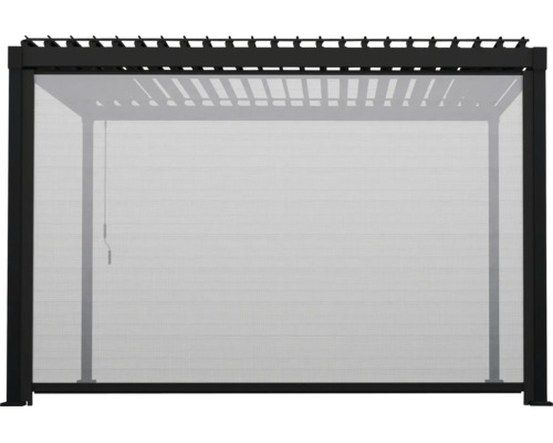 Seitenmarkise für Pergola aus wetterfestem Gewebe in einem schwarzen Aluminiumrahmen.