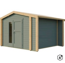 Abri de jardin en bois avec toit en appentis, double porte vitrée et construction en madriers. (Image AI modified or generated)