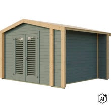 Abri de jardin moderne en bois avec double porte, fenêtres à lamelles et toit à deux pans, idéal comme abri de rangement. (Image AI modified or generated)