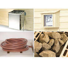 Collage avec poêle de sauna en acier inoxydable, commande dans un boîtier en bois, câble en silicone et pierres de sauna.