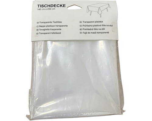 Transparente Tischfolie aus Kunststoff, 140 Zentimeter mal 250 Zentimeter, originalverpackt.