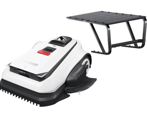 Robot tondeuse blanc avec garage de protection noir.