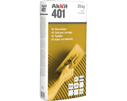 Akkit 401 Fliesenkleber im 25 Kilogramm Sack, sehr emissionsarm und flexibel für Wand und Boden.