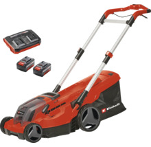 Einhell Akku-Rasenmäher Set inklusive zwei Akkus, einem Doppel-Ladegerät und Grasfangkorb.