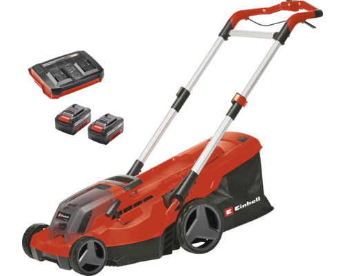 Einhell Akku-Rasenmäher Set inklusive zwei Akkus, einem Doppel-Ladegerät und Grasfangkorb.