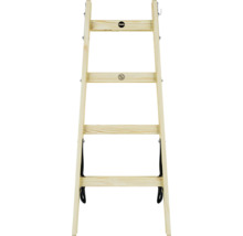 Escabeau en bois Hailo avec quatre marches, sangles de sécurité et charnières métalliques.