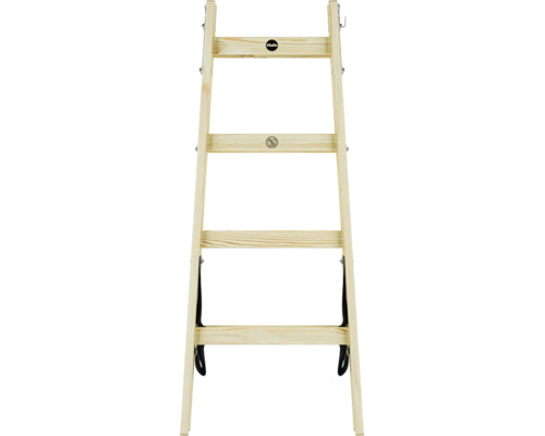 Escabeau en bois Hailo avec quatre marches, sangles de sécurité et charnières métalliques.