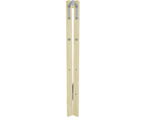 Pied de tréteau pliable en bois de résineux avec ferrure métallique galvanisée et charnière.
