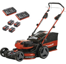 Einhell Akkumulator-Rasenmäher mit vier Akkumulatoren, zwei Doppel-Ladegeräten und Grasfangsack für die Gartenpflege.