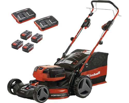 Einhell Akkumulator-Rasenmäher mit vier Akkumulatoren, zwei Doppel-Ladegeräten und Grasfangsack für die Gartenpflege.