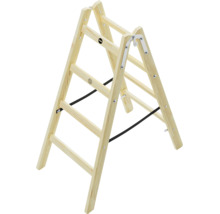 Beidseitig begehbare Holz-Stufenstehleiter mit 4 Stufen pro Seite, Metallscharnieren und Spannbändern.
