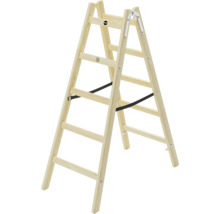 Beidseitig begehbare Hailo Stufenstehleiter aus Holz mit Sicherheitsgurten und Metallgelenken.