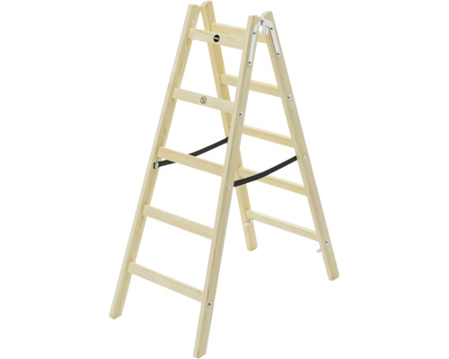Beidseitig begehbare Hailo Stufenstehleiter aus Holz mit Sicherheitsgurten und Metallgelenken.